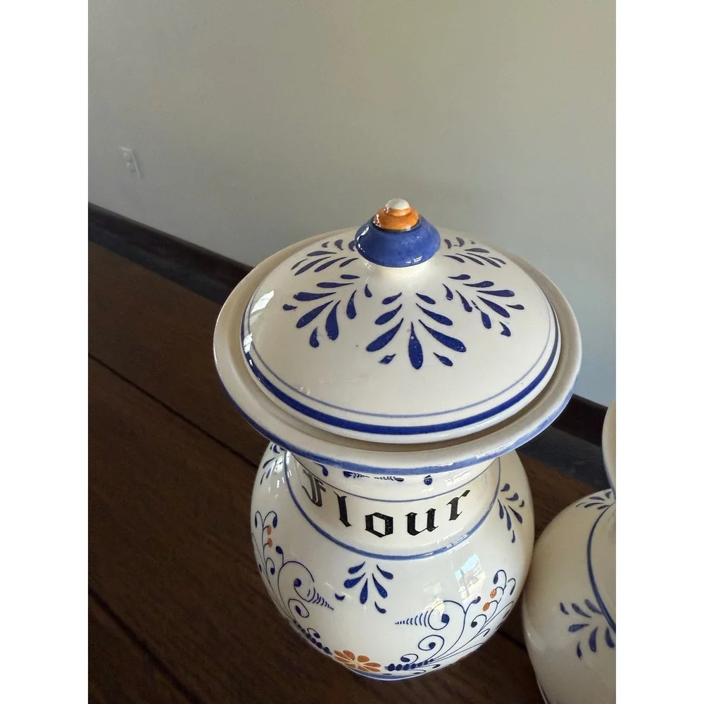 Blue Onion Style Canister Set White Blue Floral Hand Painted Flour Sugar Lids